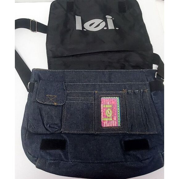 VTG LEI Denim Handbag Y2K Retro Tote Messenger Bag Flap Fold Over w/ ID Card! - Picture 7 of 15